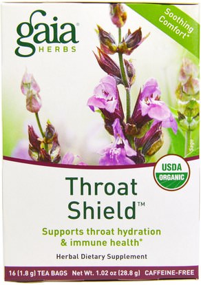 Gaia Herbs, Throat Shield, Caffeine Free, 16 Tea Bags, 1.02 oz (28.8 g) ,الغذاء، الشاي العشبية، الانفلونزا الباردة والفيروسية، رذاذ الرعاية الحلق