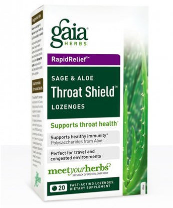 Gaia Herbs, Throat Shield Lozenges, Sage & Aloe, 20 Fast-Acting Lozenges ,والصحة، والانفلونزا الباردة والفيروسية، ورذاذ الرعاية الحلق