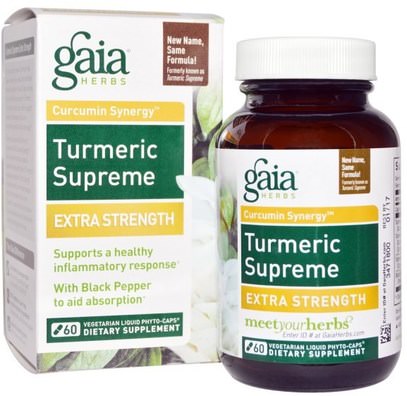 Gaia Herbs, Turmeric Supreme, Extra Strength, 60 Veggie Liquid Phyto-Caps ,المكملات الغذائية، مضادات الأكسدة، الكركمين، الكركم