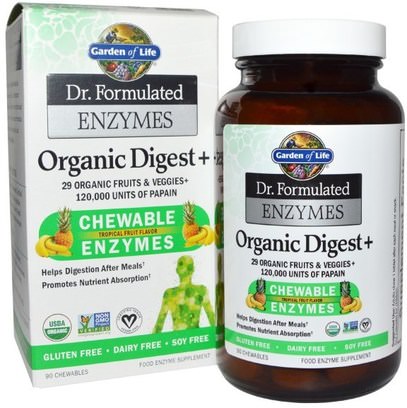 Garden of Life, Dr. Formulated Enzymes, Organic Digest +, Tropical Fruit Flavor, 90 Chewables ,والمكملات الغذائية، والإنزيمات الهاضمة