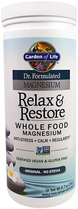 Garden of Life, Dr. Formulated Magnesium Relax & Restore, Original, 6.7 oz (190 g) ,والمكملات الغذائية، والمعادن، والمغنيسيوم، والصحة، ومكافحة الإجهاد دعم المزاج
