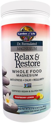 Garden of Life, Dr. Formulated Magnesium Relax & Restore, Raspberry Lemon, 16.3 oz (461 g) ,والمكملات الغذائية، والمعادن، والمغنيسيوم، والصحة، ومكافحة الإجهاد دعم المزاج