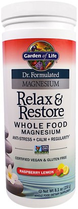 Garden of Life, Dr. Formulated Magnesium Relax & Restore, Raspberry Lemon, 8.1 oz (230 g) ,والمكملات الغذائية، والمعادن، والمغنيسيوم، والصحة، ومكافحة الإجهاد دعم المزاج