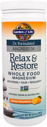 Garden of Life, Dr. Formulated Magnesium, Relax & Store, Orange Dreamsicle, 6.9 oz (196 g) ,والمكملات الغذائية، والمعادن، والمغنيسيوم، والصحة، ومكافحة الإجهاد دعم المزاج