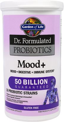 Garden of Life, Dr. Formulated Probiotics, Mood+, 60 Veggie Caps ,والمكملات الغذائية، البروبيوتيك، ومكافحة الإجهاد دعم المزاج