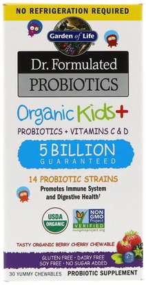 Garden of Life, Dr. Formulated Probiotics, Organic Kids +, Tasty Organic Berry Cherry, 30 Yummy Chewables ,والمكملات، وصحة الأطفال