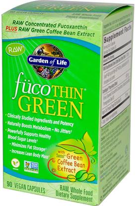 Garden of Life, FucoThin Green, 90 Veggie Caps ,والمكملات الغذائية، ومضادات الأكسدة، واستخراج حبوب البن الخضراء، وفقدان الوزن، والنظام الغذائي، وحرق الدهون