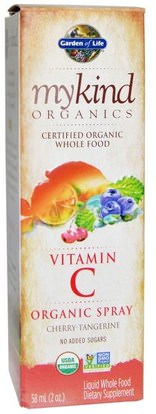 Garden of Life, Mykind Organics, Vitamin C, Organic Spray, Cherry-Tangerine, 2 fl oz (58 ml) ,الفيتامينات، فيتامين ج السائل