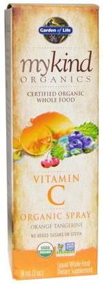 Garden of Life, Mykind Organics, Vitamin C, Organic Spray, Orange-Tangerine, 2 fl oz (58 ml) ,الفيتامينات، فيتامين ج السائل