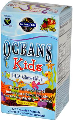 Garden of Life, Oceans Kids, DHA Chewables, Age 3 And Older, Berry Lime, 120 Chewable Softgels ,المكملات الغذائية، إيفا أوميجا 3 6 9 (إيبا دا)، دا مضغ، صحة الأطفال، ملاحق الأطفال