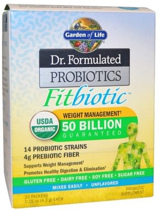 Garden of Life, Organic, Dr. Formulated Probiotics Fitbiotic, Unflavored, 20 Packets, 0.15 oz (4.2 g) Each ,والمكملات الغذائية، البروبيوتيك، استقرت البروبيوتيك، وفقدان الوزن، والنظام الغذائي