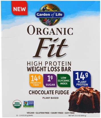 Garden of Life, Organic Fit, High Protein Weight Loss Bar, Chocolate Fudge, 12 Bars, 1.9 oz (55 g) Each ,والرياضة، وقضبان البروتين، والهدايا استبدال وجبة