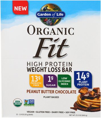 Garden of Life, Organic Fit, High Protein Weight Loss Bar, Peanut Butter Chocolate, 12 Bars, 1.9 oz (55 g) Each ,المكملات الغذائية، قضبان البروتين