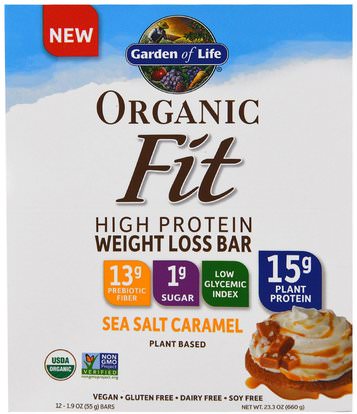 Garden of Life, Organic Fit High Protein Weight Loss Bar, Sea Salt Caramel, 12 Bars, 1.9 oz (55 g) Each ,المكملات الغذائية، قضبان البروتين