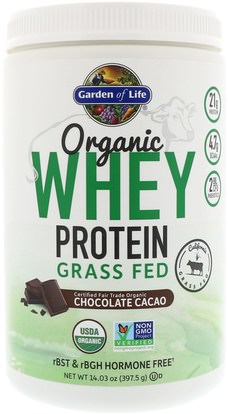 Garden of Life, Organic Whey Protein Grass Fed, Chocolate Cacao, 14.03 oz (397.5 g) ,والرياضة، والمكملات الغذائية، بروتين مصل اللبن