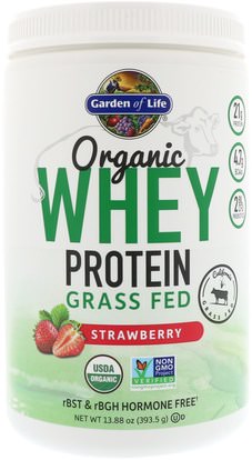 Garden of Life, Organic Whey Protein Grass-Fed, Strawberry, 13.88 oz (393.5 g) ,والرياضة، والمكملات الغذائية، بروتين مصل اللبن