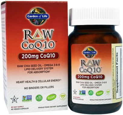 Garden of Life, Raw CoQ10, 200 mg, 60 Veggie Caps ,المكملات الغذائية، أنزيم q10، coq10 200 ملغ، coq10