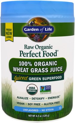 Garden of Life, Raw Organic Perfect Food, 100% Organic Wheat Grass Juice, Unflavored, 4.2 oz (120 g) ,والمكملات الغذائية، سوبرفوودس، والأطعمة الكمال، عشب القمح