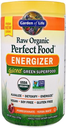 Garden of Life, Raw Organic Perfect Food, Energizer, Pomegranate - Yerba Mate, 9.8 oz (279 g) ,الصحة، مشروبات الطاقة مزيج، المكملات الغذائية، سوبرفوودس، الأطعمة المثالية