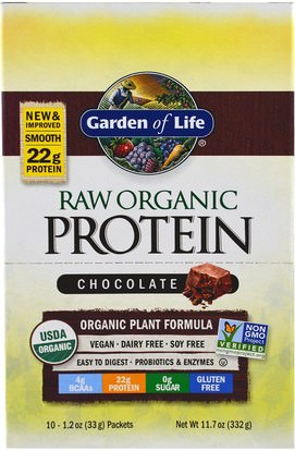 Garden of Life, Raw Organic Protein, Organic Plant Formula, Chocolate, 10 Packets, 1.2 oz (33 g) Each ,والمكملات الغذائية، والبروتين