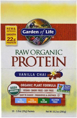 Garden of Life, RAW Organic Protein, Organic Plant Formula, Vanilla Chai, 10 Packets, 1 oz (29 g) Each ,والمكملات الغذائية، والبروتين