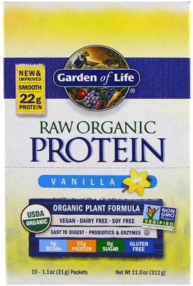 Garden of Life, Raw Organic Protein, Organic Plant Formula, Vanilla, 10 Packets, 1.1 oz (31 g) Each ,والمكملات الغذائية، والبروتين