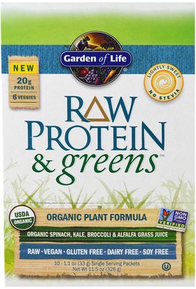 Garden of Life, Raw Protein & Greens, Organic Plant Formula, Lightly Sweet, 10 Packets, 1.1 oz (33 g) Each ,المكملات الغذائية، البروتين، سوبرفوودس، الخضر