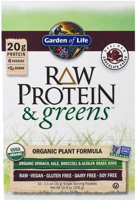 Garden of Life, Raw Protein & Greens, Organic Plant Formula, Real Raw Chocolate Cacao, 10 Packets, 1.1 oz (33 g) Each ,المكملات الغذائية، البروتين، سوبرفوودس، الخضر