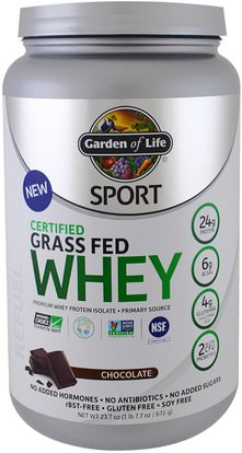 Garden of Life, Sport, Certified Grass Fed Whey Protein, Chocolate, 23.7 oz (672 g) ,المكملات الغذائية، بروتين مصل اللبن، والعضلات
