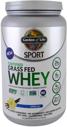 Garden of Life, Sport, Certified Grass Fed Whey Protein, Refuel, Vanilla, 23 oz (652 g) ,المكملات الغذائية، بروتين مصل اللبن، والعضلات