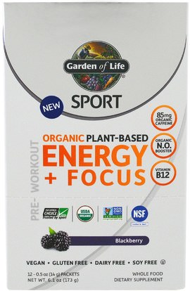 Garden of Life, Sport, Organic Plant-Based Energy + Focus, Pre-Workout, Blackberry, 12 Packets, 0.5 oz (14 g) Each ,والرياضة، تجريب