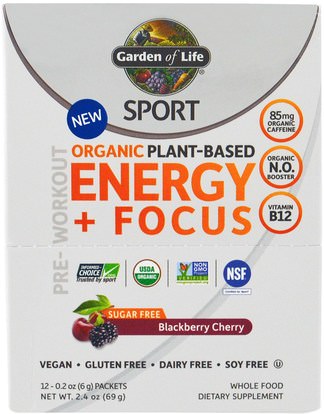 Garden of Life, Sport, Organic Plant-Based Energy + Focus, Pre-Workout, Sugar Free, Blackberry Cherry, 12 Packets, 0.2 oz (6 g) Each ,والرياضة، تجريب