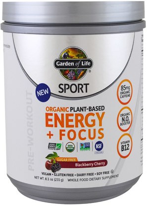 Garden of Life, Sport, Organic Plant-Based Energy + Focus, Pre-Workout, Sugar Free, Blackberry Cherry, 8.1 oz (231 g) ,والرياضة، تجريب