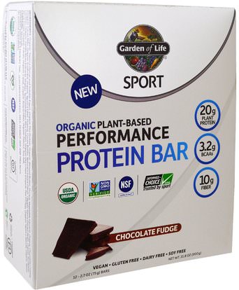 Garden of Life, Sport, Organic Plant-Based Performance Protein Bar, Chocolate Fudge, 12 Bars, 2.7 oz (75 g) Each ,والرياضة، والبروتين أشرطة
