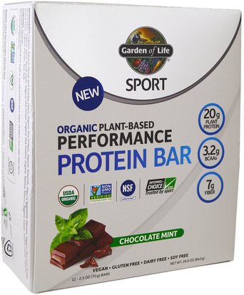 Garden of Life, Sport, Organic Plant-Based Performance Protein Bar, Chocolate Mint, 12 Bars, 2.5 oz (70 g) Each ,والرياضة، والبروتين أشرطة