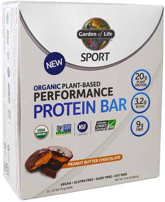 Garden of Life, Sport, Organic Plant-Based Performance Protein Bar, Peanut Butter Chocolate, 12 Bars, 2.7 oz (75 g) Each ,والرياضة، والبروتين أشرطة