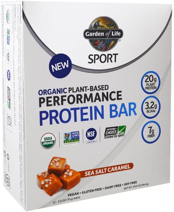 Garden of Life, Sport, Organic Plant-Based Performance Protein Bar, Sea Salt Caramel, 12 Bars, 2.5 oz (70 g) Each ,والرياضة، والبروتين أشرطة