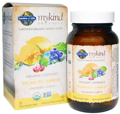 Garden of Life, Vegan D3, Organic Chewable, Raspberry-Lemon, 2,000 IU, 30 Tablets ,الفيتامينات، فيتامين d3