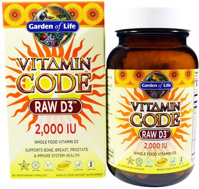 Garden of Life, Vitamin Code, Raw D3, 2,000 IU, 60 Vegetarian Capsules ,الفيتامينات، فيتامين d3