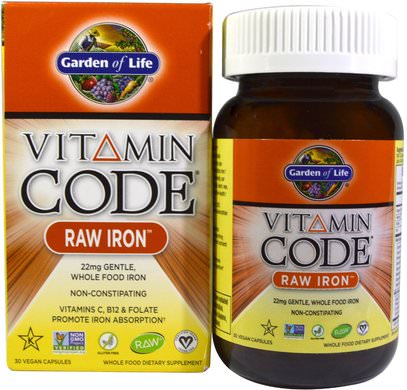 Garden of Life, Vitamin Code, RAW Iron, 30 Vegan Caps ,المكملات الغذائية، والمعادن، والحديد