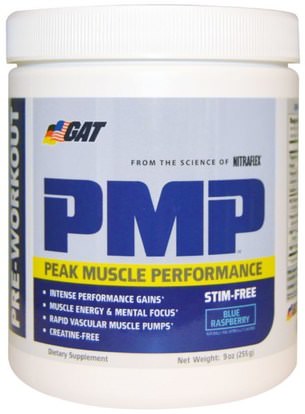 GAT, PMP, Pre-Workout, Peak Muscle Performance, Blue Raspberry, 9 oz (255 g) ,الرياضة، تجريب، العضلات