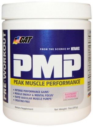 GAT, PMP, Pre-Workout, Peak Muscle Performance, Raspberry Lemonade, 9 oz (255 g) ,الرياضة، تجريب، العضلات