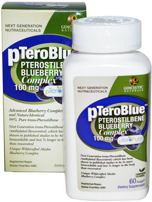 Genceutic Naturals, pTeroBlue, Pterostilbene Blueberry Complex, 100 mg, 60 V-Caps ,المكملات الغذائية، بتيروستيلبين، مضادات الأكسدة