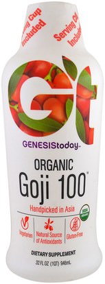 Genesis Today, Organic Goji 100, 32 fl oz (946 ml) ,المكملات الغذائية، مقتطفات الفاكهة، غوجي مقتطفات السوائل، غوجي عصير السائل، مزاج إيجابي