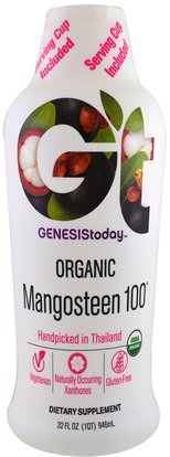 Genesis Today, Organic, Mangosteen 100, 32 fl oz (946 ml) ,المكملات الغذائية، مقتطفات الفاكهة، الفواكه السوبر، عصير السائل مانغوستين، التغذية اليومية