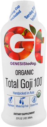 Genesis Today, Organic Total Goji 100, 32 fl oz (946 ml) ,المكملات الغذائية، مقتطفات الفاكهة، غوجي مقتطفات السوائل، غوجي عصير السائل، مزاج إيجابي