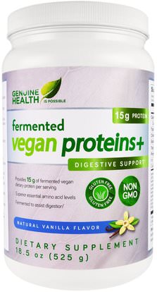 Genuine Health Corporation, Fermented Vegan Protein +, Digestive Support, Natural Vanilla Flavor, 18.5 oz (525 g) ,والمكملات الغذائية، والبروتين