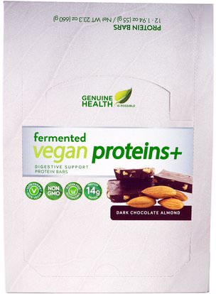 Genuine Health Corporation, Fermented Vegan Proteins +, Dark Chocolate Almond, 12 Protein Bars, 1.94 oz (55 g) Each ,والرياضة، والبروتين أشرطة