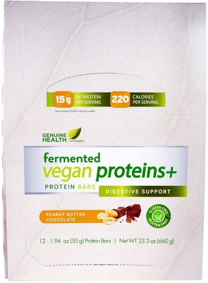 Genuine Health Corporation, Fermented Vegan Proteins +, Peanut Butter Chocolate, 12 Protein Bars, 1.94 oz (55 g) Each ,والرياضة، والبروتين أشرطة