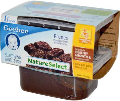 Gerber, 1st Foods, NatureSelect, Prunes, 2 Pack, 2.5 oz (71 g) Each ,صحة الأطفال، أغذية الأطفال، تغذية الطفل، الغذاء